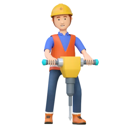 Construction worker using jackhammer drill  3D Illustration