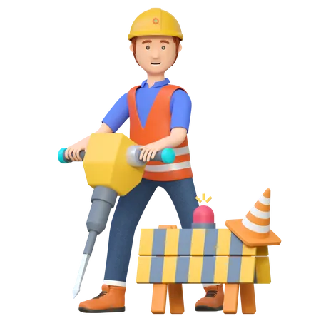 Construction worker using jackhammer drill  3D Illustration