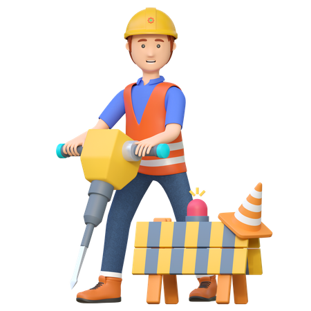 Construction worker using jackhammer drill  3D Illustration