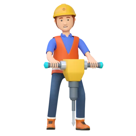 Construction Worker Holding Jackhammer 3 D Cartoon Character Illustration 3D Illustration