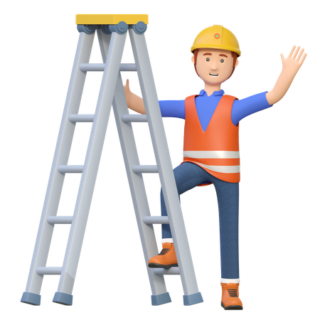 Construction worker using ladder  3D Illustration