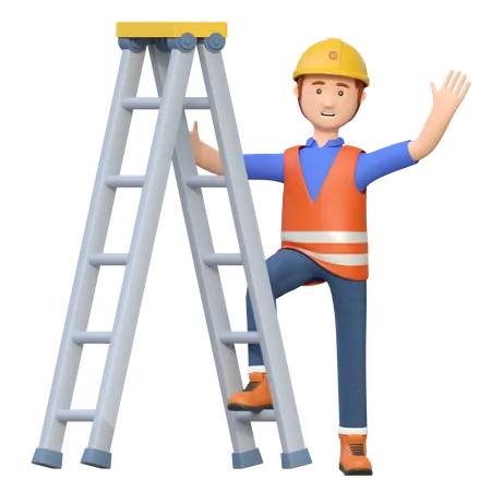 Construction Worker Carrying Ladder 3 D Cartoon Character Illustration 3D Illustration