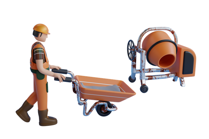 Construction Worker With A Shovel And A Concrete Mixer Making Cement  3D Icon