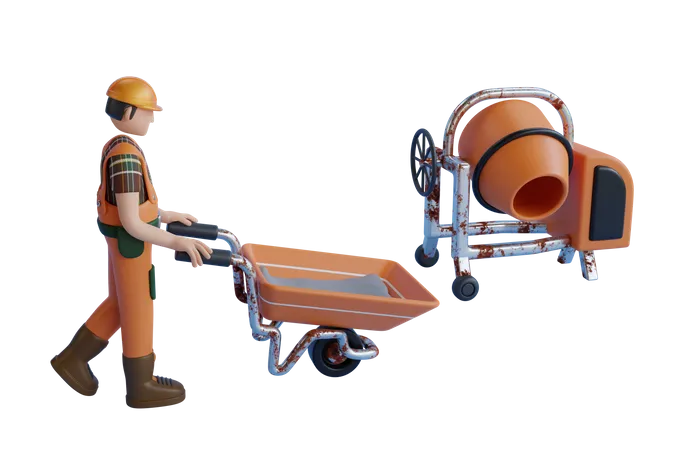 Construction Worker With A Shovel And A Concrete Mixer Making Cement 3D Illustration
