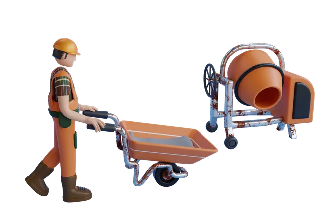 Construction Worker With A Shovel And A Concrete Mixer Making Cement  3D Illustration