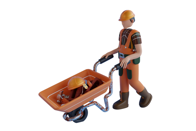 Construction Worker With A Wheelbarrow Full Of Tools  3D Illustration