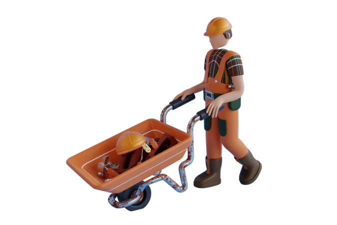 Construction Worker With A Wheelbarrow Full Of Tools  3D Illustration