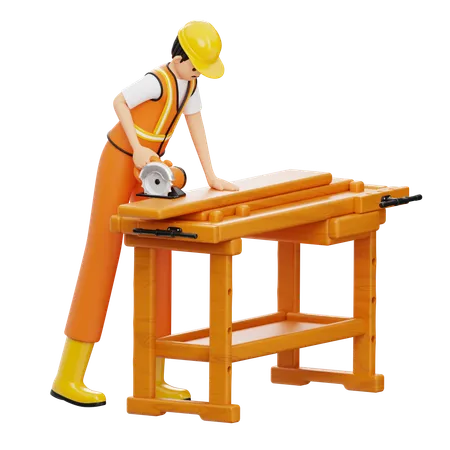 Construction Worker With Hand Saw  3D Illustration