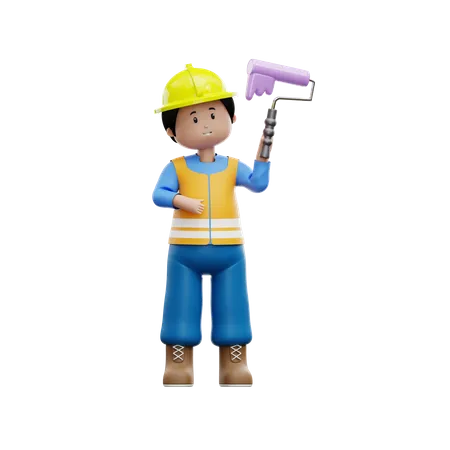 Construction Worker With Paint Roller  3D Illustration