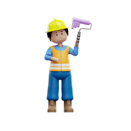 Construction Worker With Paint Roller  3D Illustration