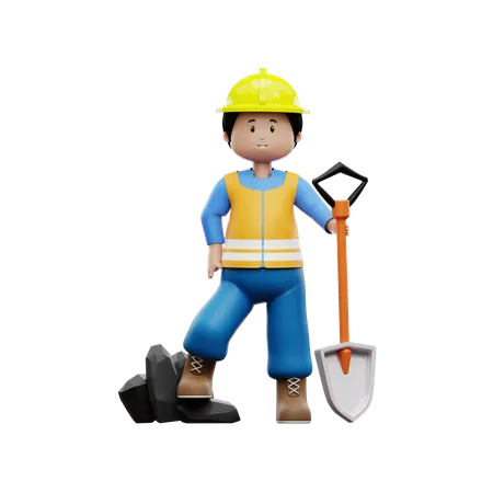 Construction Worker With Shovel  3D Illustration