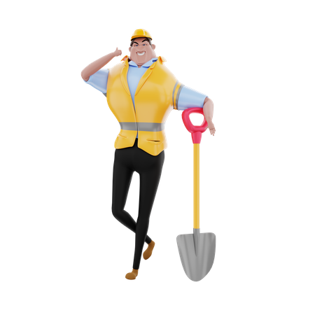 Construction worker with shovel 3D Illustration