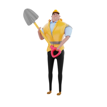Construction worker with shovel 3D Illustration