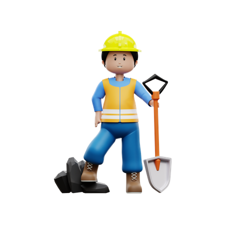 Construction Worker With Shovel  3D Illustration
