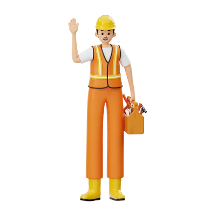 Construction Worker With Tool Box  3D Illustration