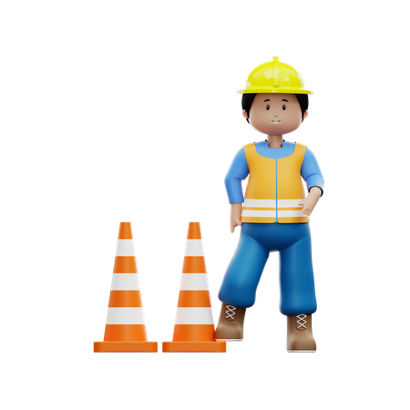 Construction Worker With Traffic Cone  3D Illustration