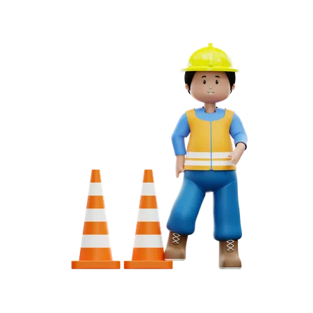 Construction Worker With Traffic Cone  3D Illustration