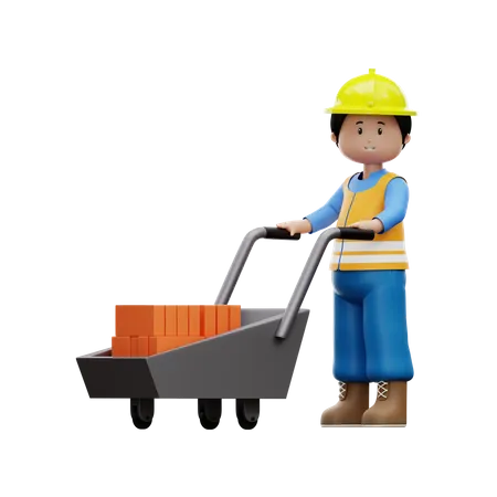 Construction Worker With Wheelbarrow  3D Illustration