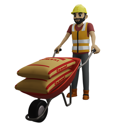 Constructor empujando un carro de construcción  3D Icon