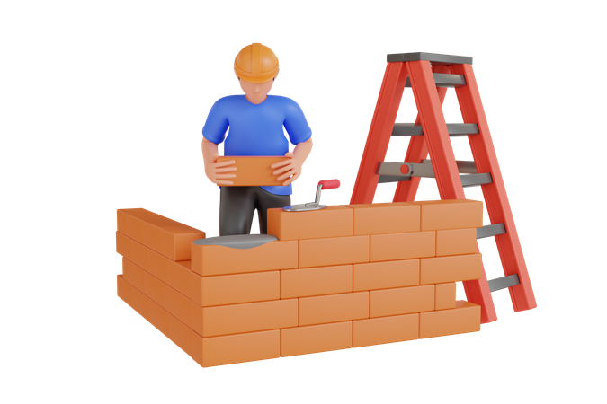Construtor fazendo parede de tijolos  3D Icon