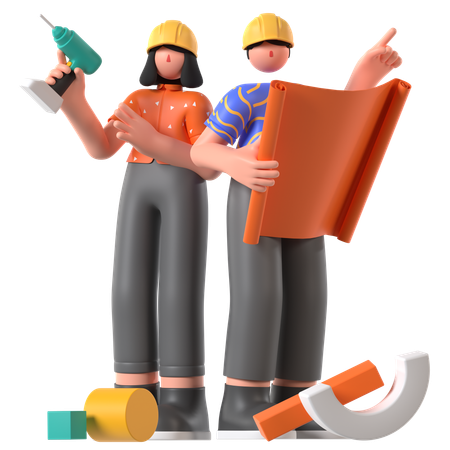 Construtores fazendo planejamento de construção  3D Icon