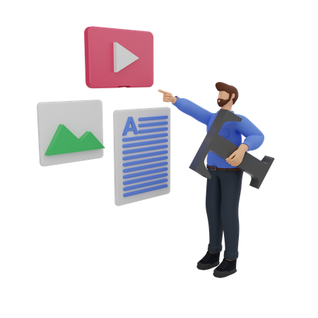 Content Marketing mit dem Mann in Blau  3D Illustration