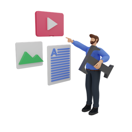 Content marketing with the man in blue  3D Illustration