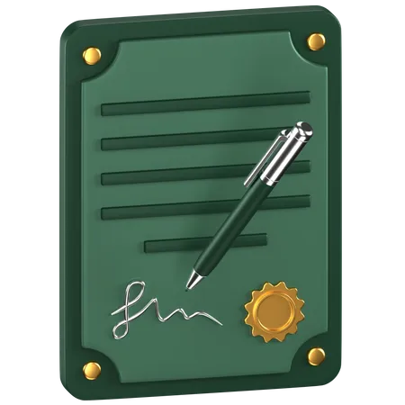 3 D Icon Of A Green Contract Paper With A Silver Pen And Golden Badge 3D Icon