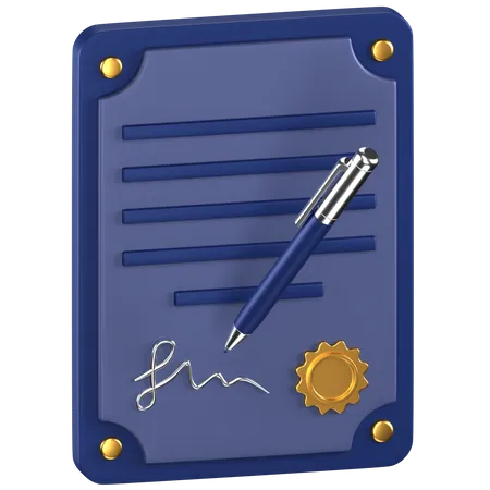 3 D Icon Of A Blue Contract Paper With A Silver Pen And Golden Badge 3D Icon