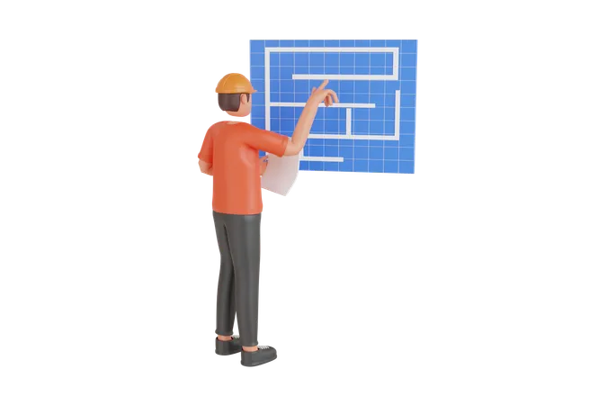 Contractor Looking Blue Print 3 D Illustration Construction Worker Looking At The Building Design Builder With House Plan 3 D Illustration 3D Illustration