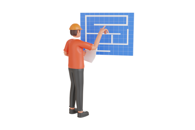 Contractor Looking Blue Print 3 D Illustration  3D Illustration