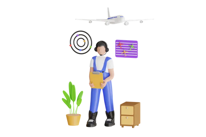 Controlador aéreo masculino com fones de ouvido falando na torre do aeroporto  3D Illustration