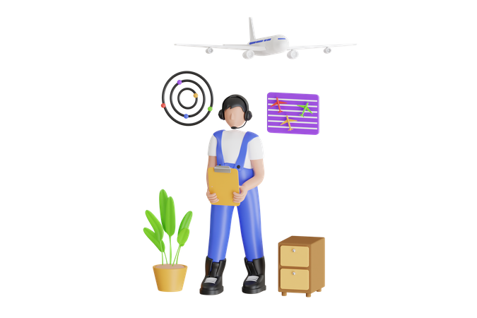 Controlador de tráfico aéreo masculino con auriculares hablando en la torre del aeropuerto  3D Illustration