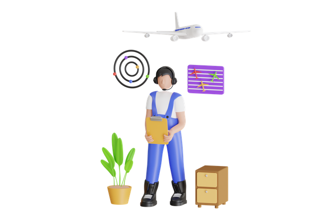 Contrôleur de la circulation aérienne masculin avec casque parlant dans la tour de l'aéroport  3D Illustration
