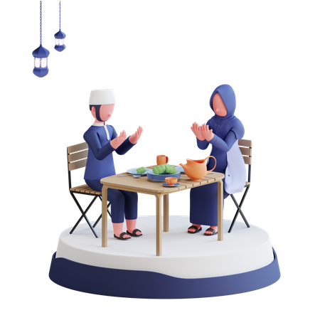 Coppia musulmana che prega prima di mangiare l'iftar  3D Illustration