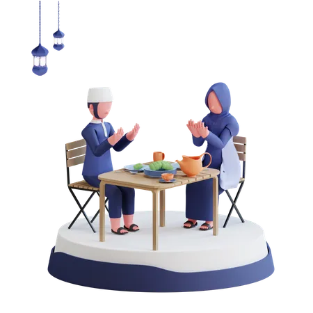 Coppia musulmana che prega prima di mangiare l'iftar  3D Illustration