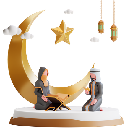 Una coppia musulmana prega durante il Ramadan  3D Illustration