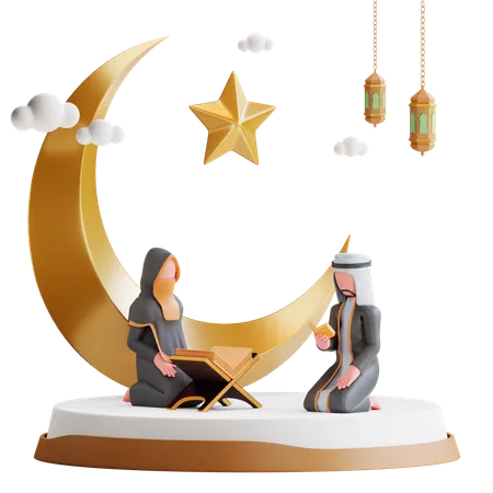 Una coppia musulmana prega durante il Ramadan  3D Illustration