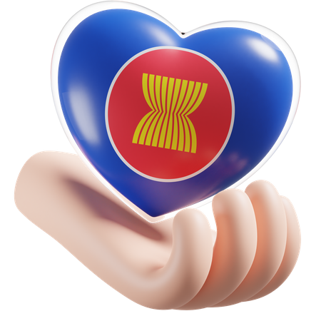 Bandeira de cuidados com as mãos e o coração da Associação das Nações do Sudeste Asiático  3D Icon