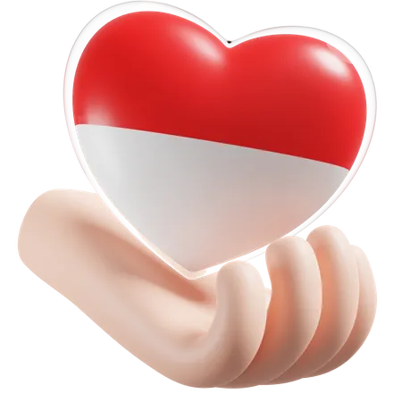 Bandeira de cuidados com as mãos e coração da Indonésia  3D Icon