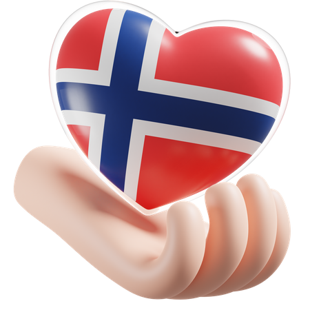 Bandeira de cuidados com as mãos e coração da Noruega  3D Icon