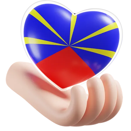 Bandeira do cuidado das mãos do coração do vulcão radiante da reunião  3D Icon