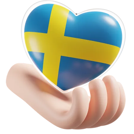 Bandeira de cuidados com as mãos e coração da Suécia  3D Icon