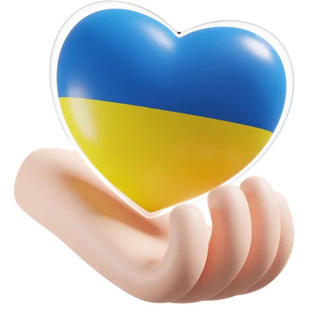 Bandeira de cuidados com as mãos e coração da Ucrânia  3D Icon
