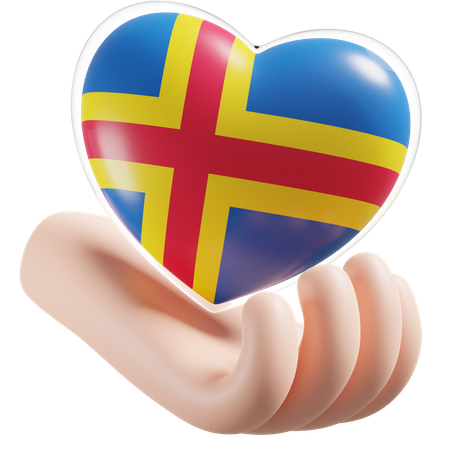 Bandeira de cuidados com as mãos e coração de Åland  3D Icon