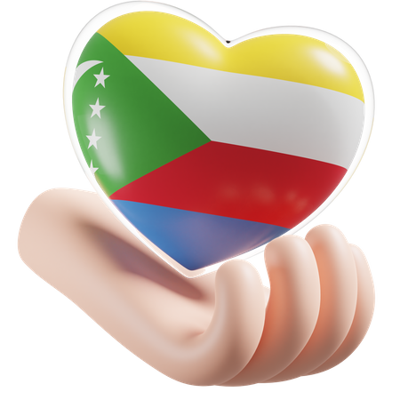 Bandeira de cuidados com as mãos e coração de Comores  3D Icon