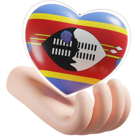 Bandeira de cuidados com as mãos e coração de Eswatini  3D Icon