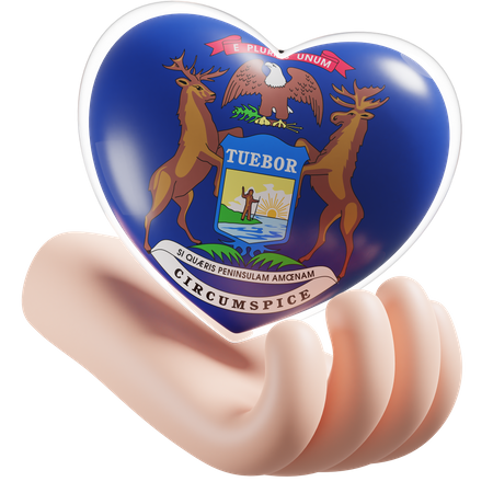 Bandeira de cuidados com as mãos e coração de Michigan  3D Icon