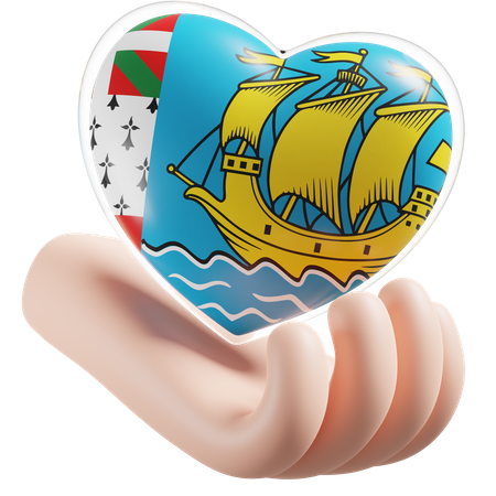 Bandeira de cuidados com as mãos e coração de São Pedro e Miquelon  3D Icon