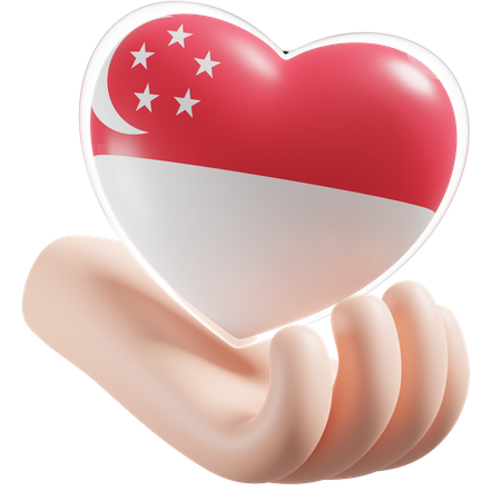 Bandeira de cuidados com as mãos e o coração de Singapura  3D Icon
